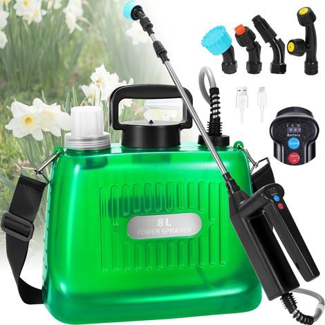 Pulverisateur de Jardin 8L, Pulverisateur Électrique à Batterie Pression avec 4 Buses Réglable, Indicateur du Niveau de Batterie, 3 Vitesses Réglables, USB Rechargeable pour Arrosage (1/5)