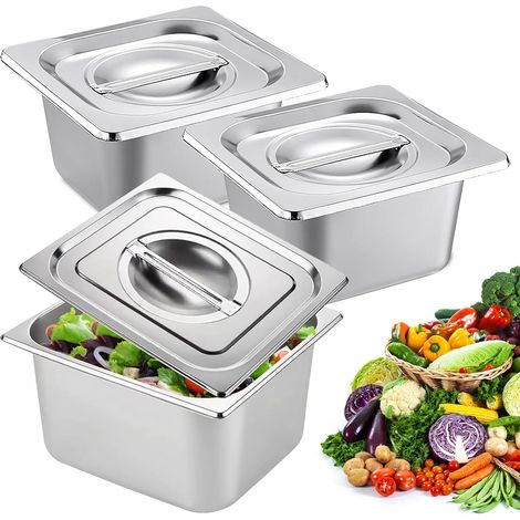 Lot De 3 Bac De Cuisson En Inox 1/6 Bac Inox 17,6x16,2x10cm Bols À Paner Avec Couvercle, Plat Rectangulaire Ensemble De Récipients En Acier Inoxydable Récipient Gastronorme Pour Nourriture (1/5)