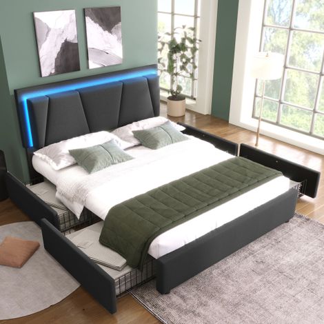 Polsterbett mit LED-Beleuchtung und 4 Schubladen,Höhenverstellbarem Kopfteil,Doppelbett 140x200cm Stauraumbetten Bettgestell, Lattenrost aus Holz, Grau (Ohne Matratze)
