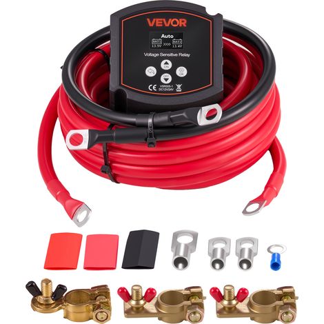 VEVOR Kit Relais Sensible a la Tension 12 V 300 A 6 m 2 AWG Isolateur de Batterie Double Intelligent VSR Manuel Automatique Compatible Batteries Lithium-ion pour Voiture Camion Camping-car UTV VTT