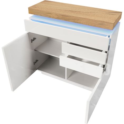 Buffet blanc laqué avec 2 portes, 3 tiroirs et éclairage LED contrôlable par application, 115 x 110 x 39 cm (1/5)