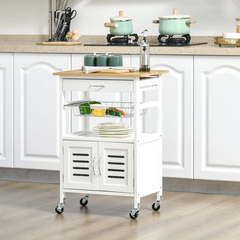Chariot de cuisine HOMCOM à roulettes, chariot de rangement multifonctionnel avec plateau en bambou, tiroir, panier en métal et placard à 2 portes coulissantes, 58 x 37 x 85,5 cm, blanc