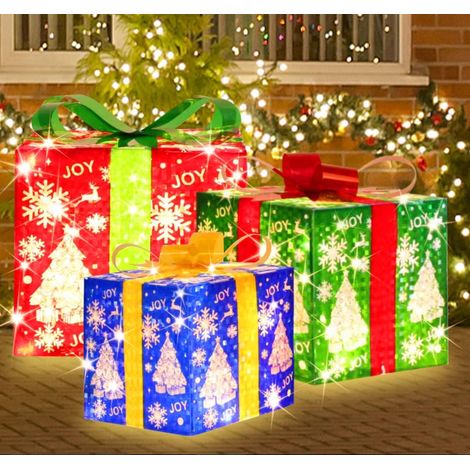 Lot de 3 boîtes cadeaux de Noël lumineuses à 70 LED, lumières blanches chaudes avec clignotant, boîtes décoratives d'allée, jupe de sapin de Noël pour jardin, vacances, fête, Noël (1/5)