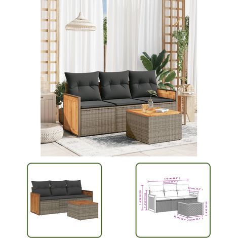 The Living Store Salon de jardin 4 pcs avec coussins gris résine tressée - Ensemble Salon De Jardin - Meuble Extérieur - Résine Tressée - Rotin Synthétique - Mobilier De Jardin (1/3)