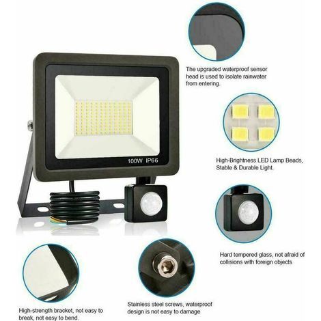Projecteur à détecteur de mouvement 100W – Étanche IP65 – Lumière blanc froid 60000 (LM) – Éclairage extérieur pour jardins et garages (1/5)
