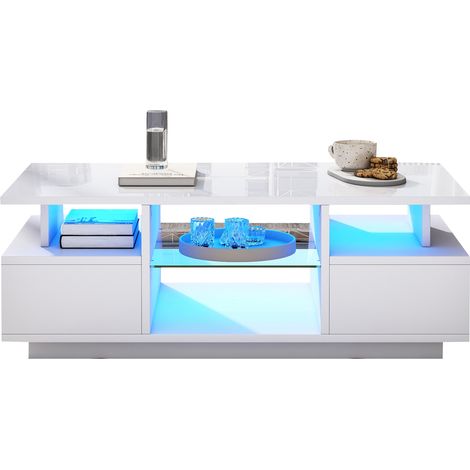 Table Basse Blanche Brillante avec LED, Table de Salon 2 Tiroirs et Étagère en Verre, 100x50x36 cm (1/5)