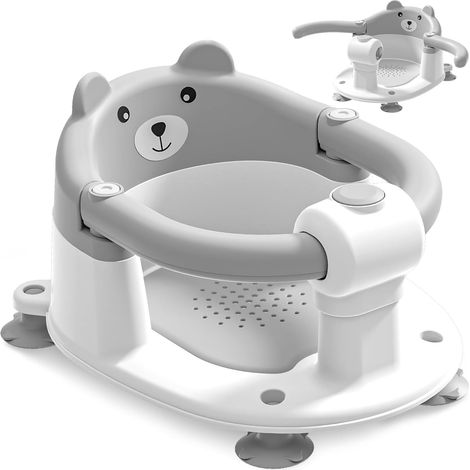 Babybadewannensitz ab 6 Monaten, 4 Saugnäpfe + Kissen, rutschfest, grau, für Dusche/Badewanne.