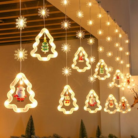 Rideau Lumineux Sapin De Noël Flocon De Neige Avec Figurine, Led Guirlande Pour Fenêtre Intérieur, Balcon, Terrasse