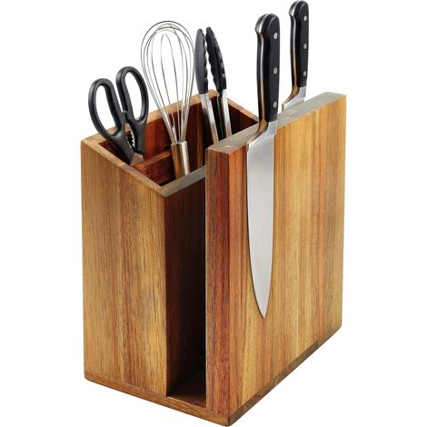 Relaxdays Messerblock magnetisch, doppelseitig, Utensilienhalter, Akazie, HxBxT: 21,5 x 19 x 13 cm, Messerständer, braun (1/5)