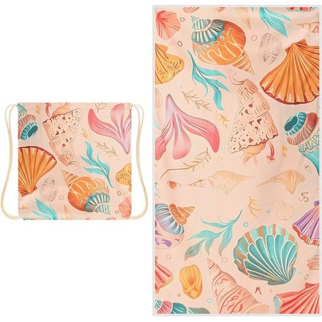 Toalla de playa, Mochila de playa plegable 2 en 1, Toalla de baño estampada, El compañero perfecto para acampar, practicar yoga y viajar (Concha) (1/5)