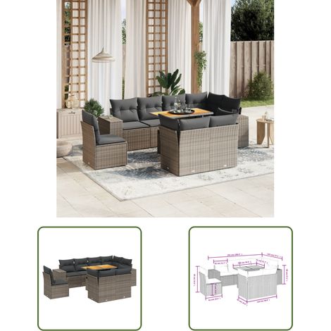 The Living Store 9-tlg. Garten-Sofagarnitur mit Kissen Grau Poly Rattan - Gartenmöbel Set - PE-Rattan Möbel - Outdoor Lounge - Gartenlounge - Terrassenmöbel (1/3)