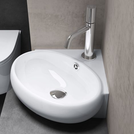 doporro® Aufsatzwaschbecken Hängewaschbecken Eckwaschbecken aus Keramik 395x385x145 mm weiß Handwaschbecken Gäste WC Waschtisch Brüssel002