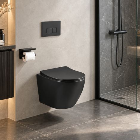 Stano. – Cuvette WC suspendu noir mat – Technologie Rimless – Abattant Soft Close – Évacuation horizontale – Dimensions 490x360x370mm (1/5)
