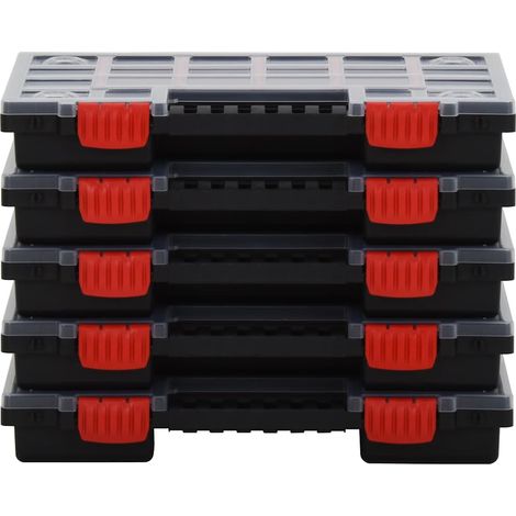 Lot de 5 Boîtes d'Assortiment Organisateur de Visserie PP Séparateurs Réglables Noir et Rouge (1/5)