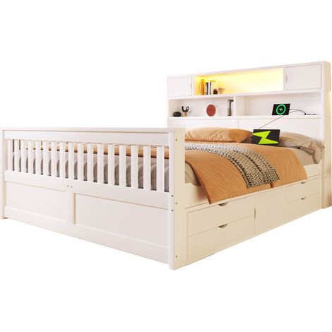 Letto matrimoniale 160x200 con testiera libreria, LED, USB e 4 cassetti, bianco, in MDF e pannello multistrato, salvaspazio per camera moderna CHICFURN (1/5)