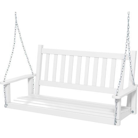 2-Person Porch Hanging Swing Chair Wooden Garden Swing Bench w/Back-White (1/5)