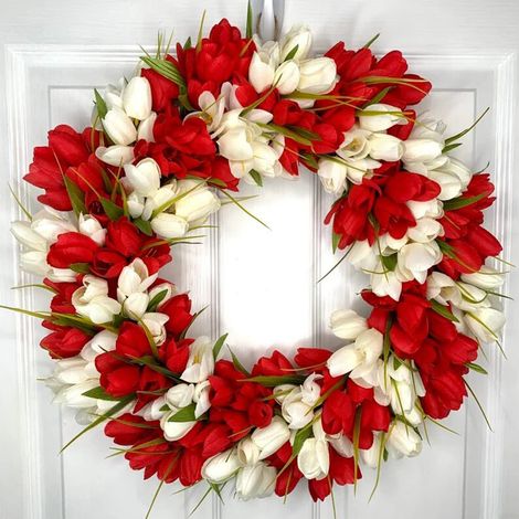 Couronne de tulipes de 40 cm - Fleurs artificielles, branches de tulipes, couronne de fleurs printanières en soie pour porte d'entrée, décorations suspendues pour la Saint-Valentin et autres fêtes-Aqu (1/5)