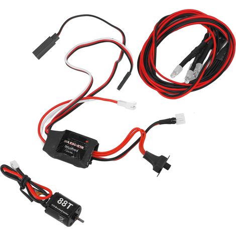 Contrôleur de vitesse électronique (ESC) 30A pour moteur électrique à balais, kit moteur électrique à balais 030 88T avec 2 LED blanches et 2 LED rouges pour voiture ou bateau radiocommandé. (1/5)