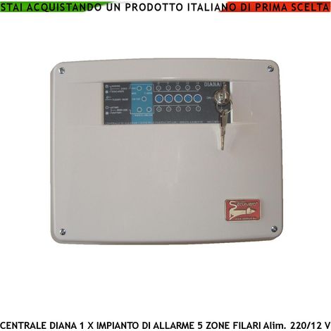 Centrale Antifurto Diana 5 Zone Chiave Meccanica per Impianto di Allarme Filare. Gestisce Sensori Ingresso Per Chiave Remota o Telegestione Uscita di Comando per Sirene e Combinatore GSM Come Ricambio (1/4)