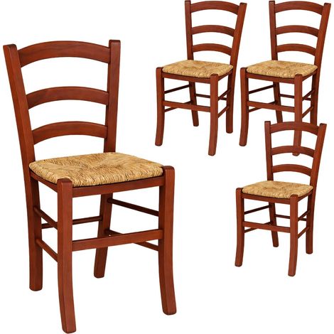 4 Sedie paesana color noce scuro in legno con seduta in paglia - Misura 43x42x86 cm - Sedia tradizionale robusta per casa, cucina, agriturismo, ristorante (1/5)