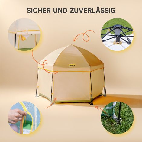 Parc bébé pliable Jovikids 6 pans avec auvent, tente pop-up enfants extérieur, grand enclos de jeu 150x150x105cm, sac de transport inclus, idéal maison, jardin, plage (1/5)
