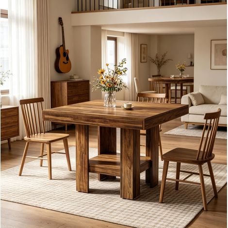 Quadratischer Esstisch 80x80x75 cm aus Holz und MDF, braun, mit Ablage – MEUBLIV (1/5)