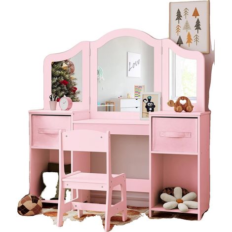 Tocador infantil, mesa de maquillaje de madera, espejo plegable desmontable de tres partes, blanco y rosa. (1/2)