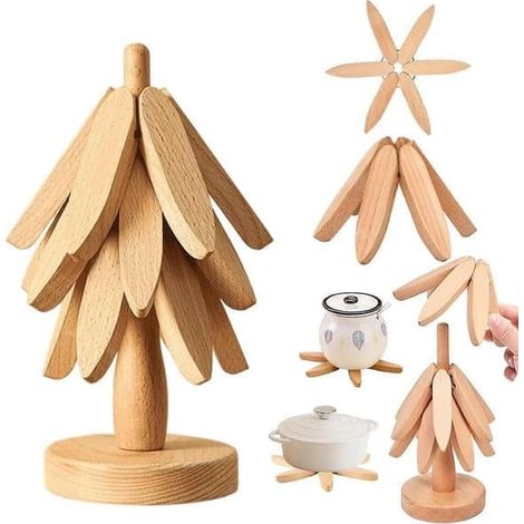 Dessous de plat pliable en bois de noyer avec support de rangement, dessous de plat de cuisine résistant à la chaleur pour casseroles, bols et théières chauds, coloris Logg Log, 3 supports (1/5)