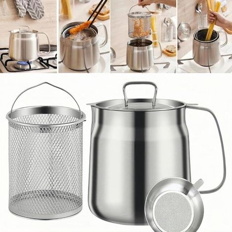 Freidora, Freidora de acero inoxidable con cesta y colador, freír, cocinar, acampar y como recipiente para filtro de aceite resistente, Plateada (1/5)