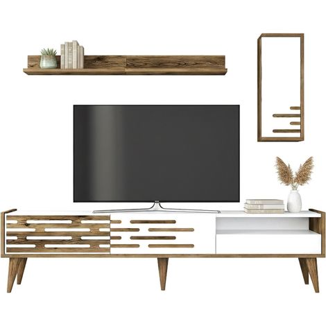 Dmora - Fernsehschrank Alnilam, Ständer für Wohnzimmerfernseher, Niedriges Wohnzimmer-Sideboard, TV-Ständerbasis, 180x45h35 cm, Weiß und Walnuss, mit verstärkter Verpackung