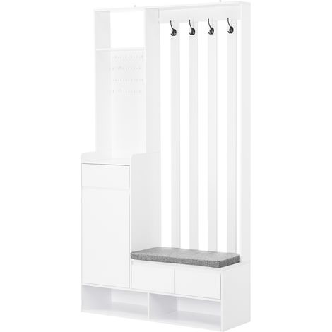 Meuble d’entrée avec banc de rangement rembourré, meuble à chaussures multifonction avec panneau perforé, vestiaire moderne avec 4 crochets pour entrée et buanderie, blanc, H180/B100/T35 cm (1/5)