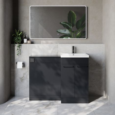 Napoli 390 Cento Gloss Grey 1100mm 2 Door Vanity Unit Toilet Suite with Glide Basin - 1100mm - Matt Black 160mm HandleWithout Kingston Toilet Pan