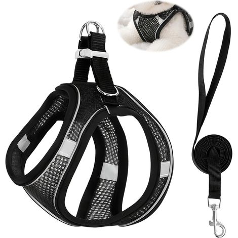 Harnais pour Petit Chien et Chiot XS – Maille Souple Respirante – Step-in Facile avec Scratch et Boucle – Bandes réfléchissantes pour promenades Nocturnes – Noir (1/5)