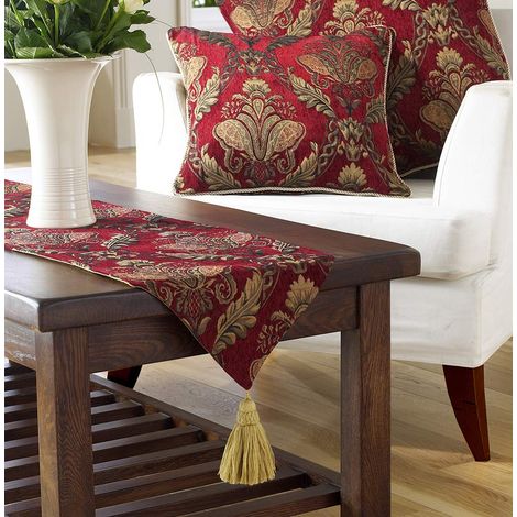 Runner da tavola Shiraz – bordeaux rosso e oro – ricamato damascato jacquard – Rivestimento antiscivolo – nappe – 100% poliestere – 33 x 230 cm (33 x 231,1 cm x pollici) – Made by riva Paoletti – Prog (1/4)