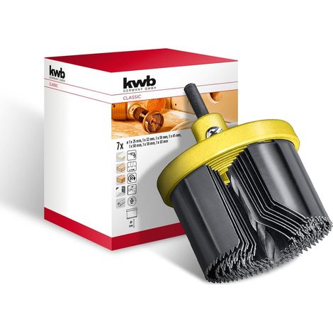 kwb 7-tlg. Mehrkranzlochsäge Ø 25, 32, 38, 45, 50, 58 und 63 mm mit Zentrierbohrer, guter Schnittleistung, 40 mm Schnitttiefe, Rundschaft und schwerem Aludruckguss-Trägerteller (1/5)