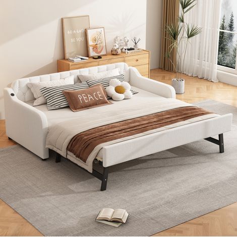 DESVIAE Canapé lit 90 x 200 cm avec lit gigogne extensible USB beige en lin et MDF pour salon chambre d'amis style sobre et fonctionnel (1/5)