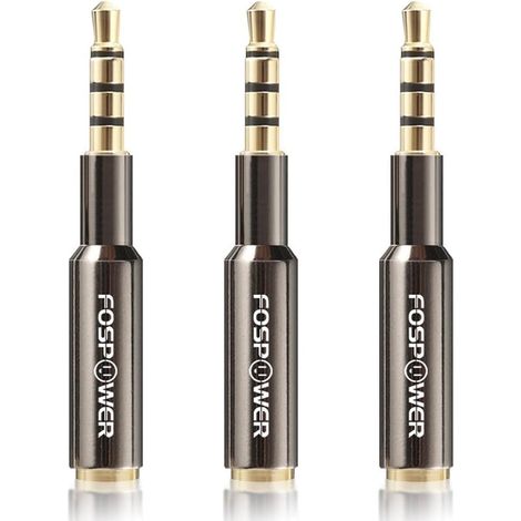 Adaptador de audio estéreo FosPower de 3,5 mm macho a hembra, diseño Step Down Plus, conector TRRS de 4 conductores con baño de oro de 24K para smartphones, tablets, auriculares y lectores de tarjetas (1/4)