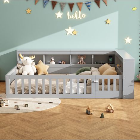 Letto daybed 140x190 cm, con presa e USB, vano portaoggetti laterale, sponda estraibile, truciolare e MDF, grigio (1/5)