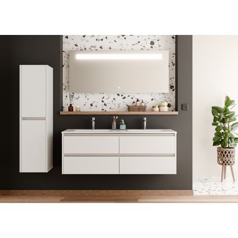 Meuble double vasque JUPITER 3.0 Blanc Brillant 140cm avec miroir KATHY (1/5)