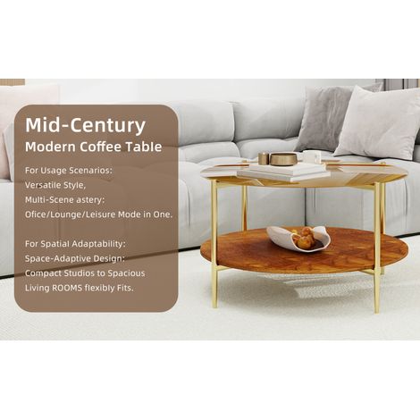 Table basse ronde 82x82x45 cm dorée, plateau en verre trempé, rangement bois MEUBLIV (1/5)