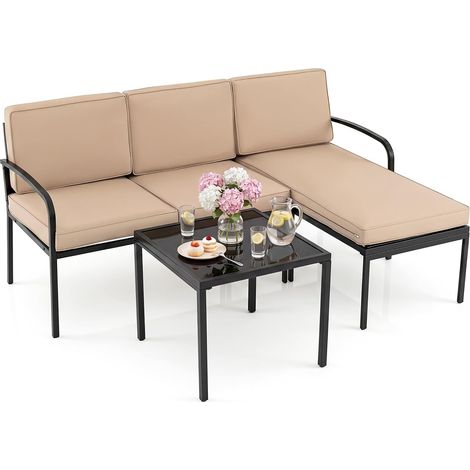 COSTWAY Salon de Jardin Exterieur 3 Pièces avec Coussins Lavables (Kaki) (1/5)
