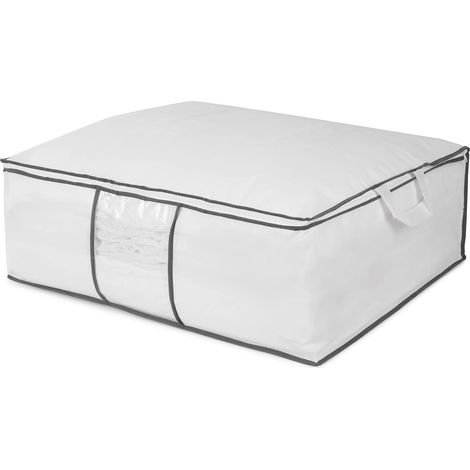 Compactor – Housse de rangement pour couette et vêtements zippée avec poignées, coloris blanc et liseré gris, rangement placards (1/4)
