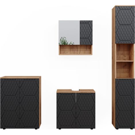 Meubles bain Irma, Anthracite avec structure en nid d'abeille, 4 pièces, avec armoire haute et commode, Vicco