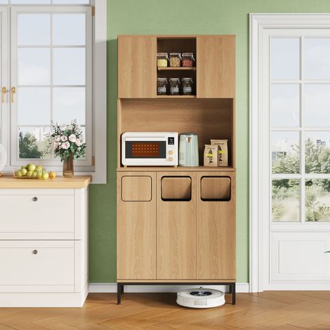 Armoire poubelles cuisine 3 portes tri sélectif hauteur 181 cm aspect chêne 3 compartiments micro-ondes aspirateur 80x35x181 cm