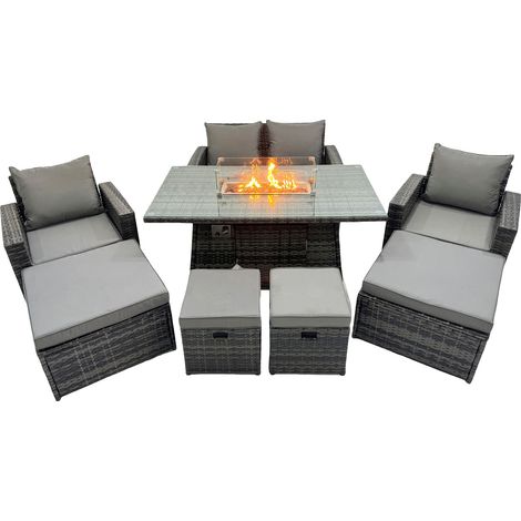 Fimous Outdoor Love Sofa Set 8 Seat Rattan Garden Furniture Set with Gas Firpit Dining Table 3 Footstools Dark Grey Mixed (1/4)