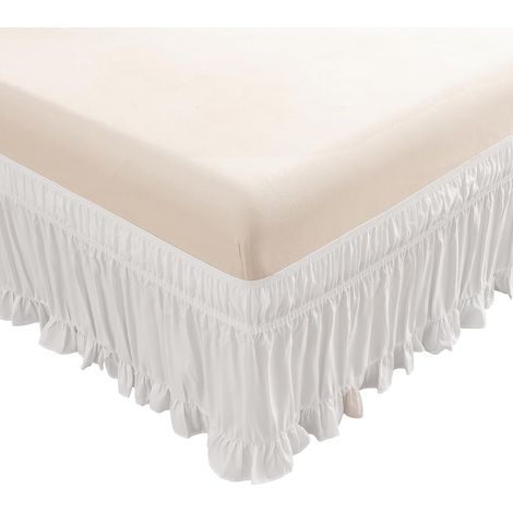 Bed Skirt 153 x 203 cm, Bed Skirt Wrap Around Ruffle, Solid Ruffled Bed Skirt, Elastic Bed Skirt with 15 Inch Drop in Polyester Fiber (White, 153 x 203 cm) (1/5)