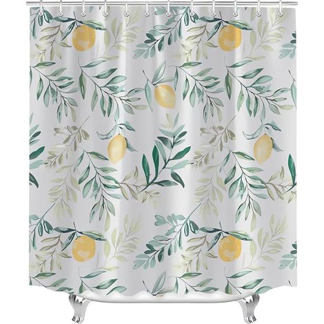 rideau de douche 240 x 200 cm, motif feuilles de citronnier, ourlet lesté, textile anti-moisissure, imperméable, lavable, tissu polyester, convient po (1/4)