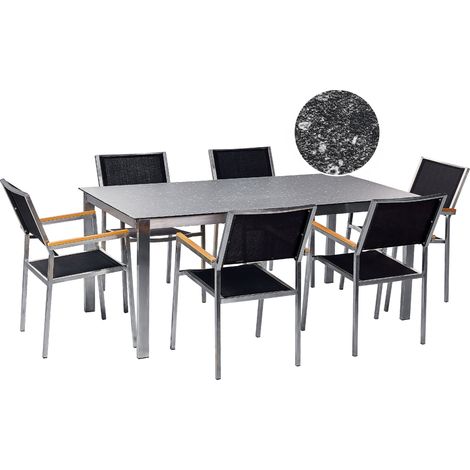 Conjunto de jardín moderno 6 plazas de acero inoxidable mesa comedor tablero de vidrio sillas de textileno efecto granito negro Cosoleto