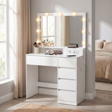 Coiffeuse avec Miroir Éclairé, 5 Tiroirs, Prises et Ports USB, 80 x 40 x 144,3 cm, Blanc (1/5)