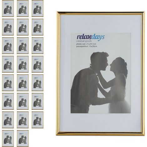 Relaxdays Picture Frame, Set of 24, A4 format, Wood, Portrait & Landscape Format, Passepartout, Plastic, Gold (1/5)